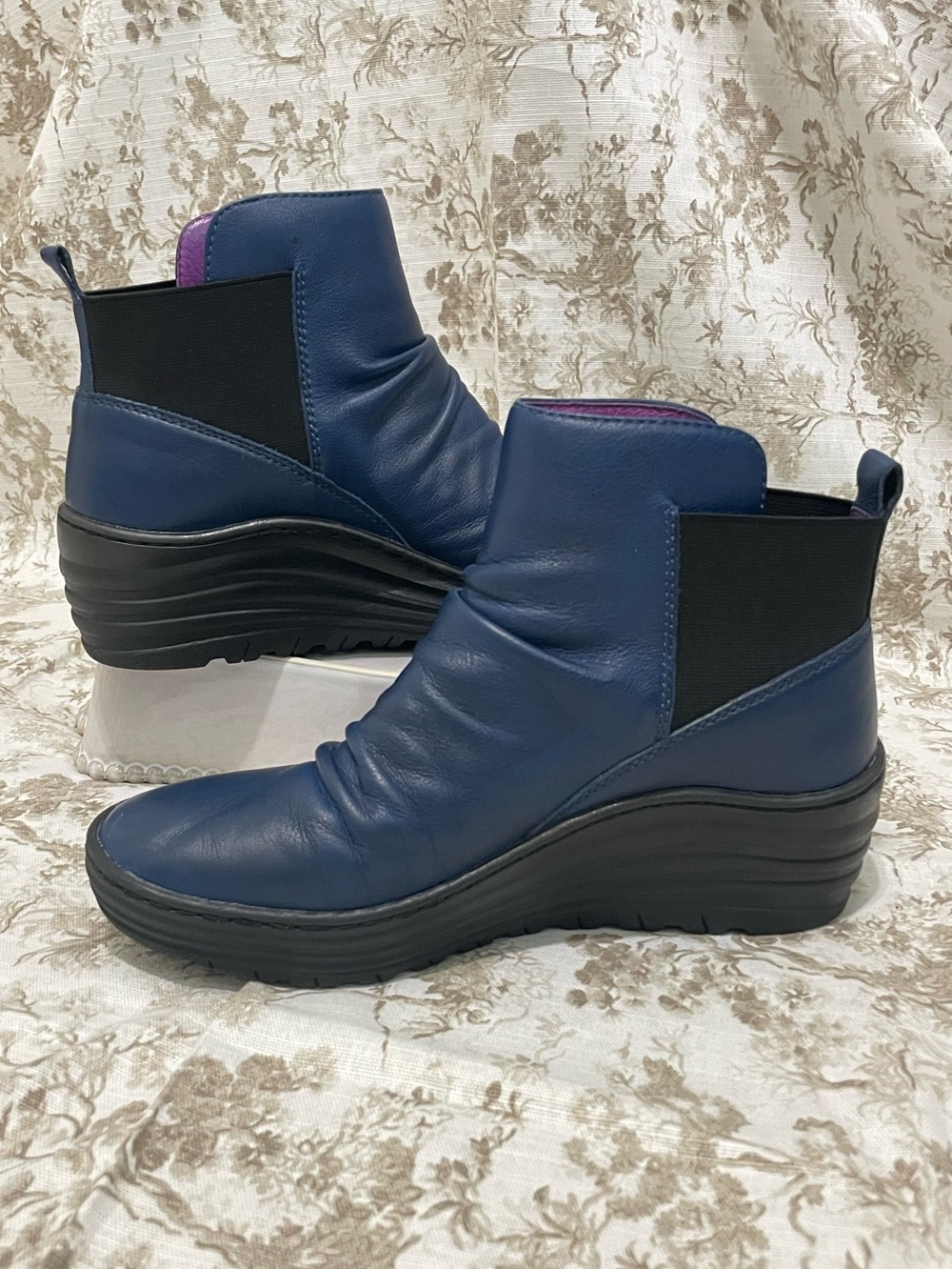 Bionica- Navy Leather Wedge Ankle Boots - Comfortable Slip-On Style wedge
